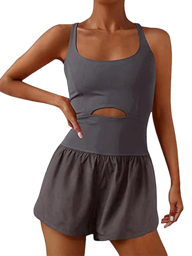 Tweedelige Illusion U-hals afslankende modieuze tanktop met aansluitende shorts, effen kleur, open rug, uitgeholde strakke romper voor dames_voghion.com