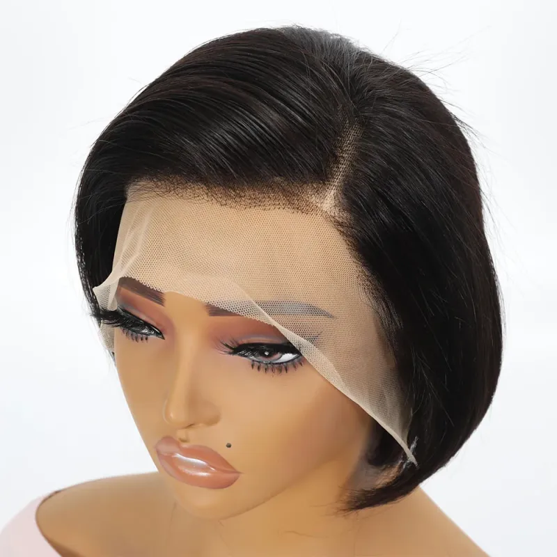 Parrucche corte Pixie Cut Parrucche Bob lisce per capelli umani Parrucche frontali in pizzo trasparente brasiliano per donne Colore naturale_voghion.com