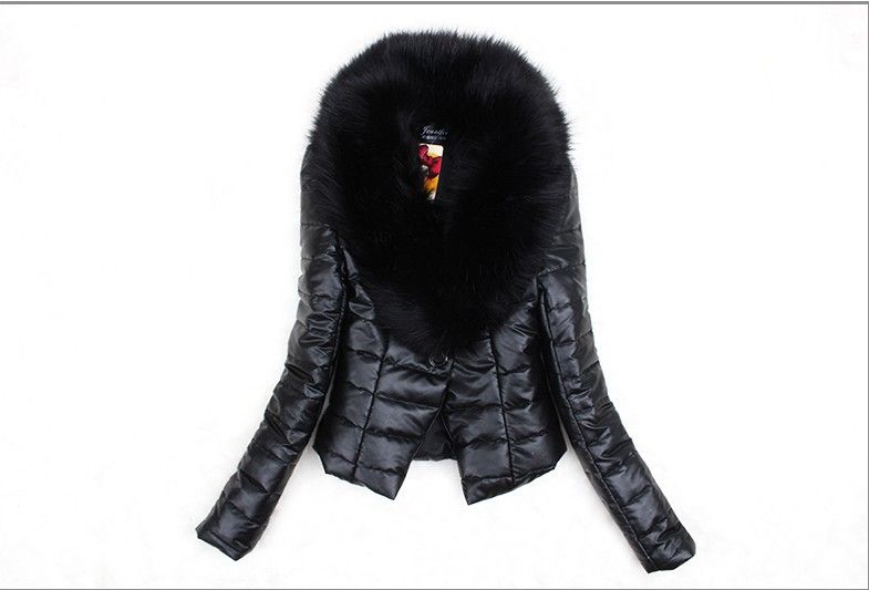 Giacca corta in cotone sottile con collo in pelliccia di volpe imitazione ispessita da donna, autunno e inverno_voghion.com