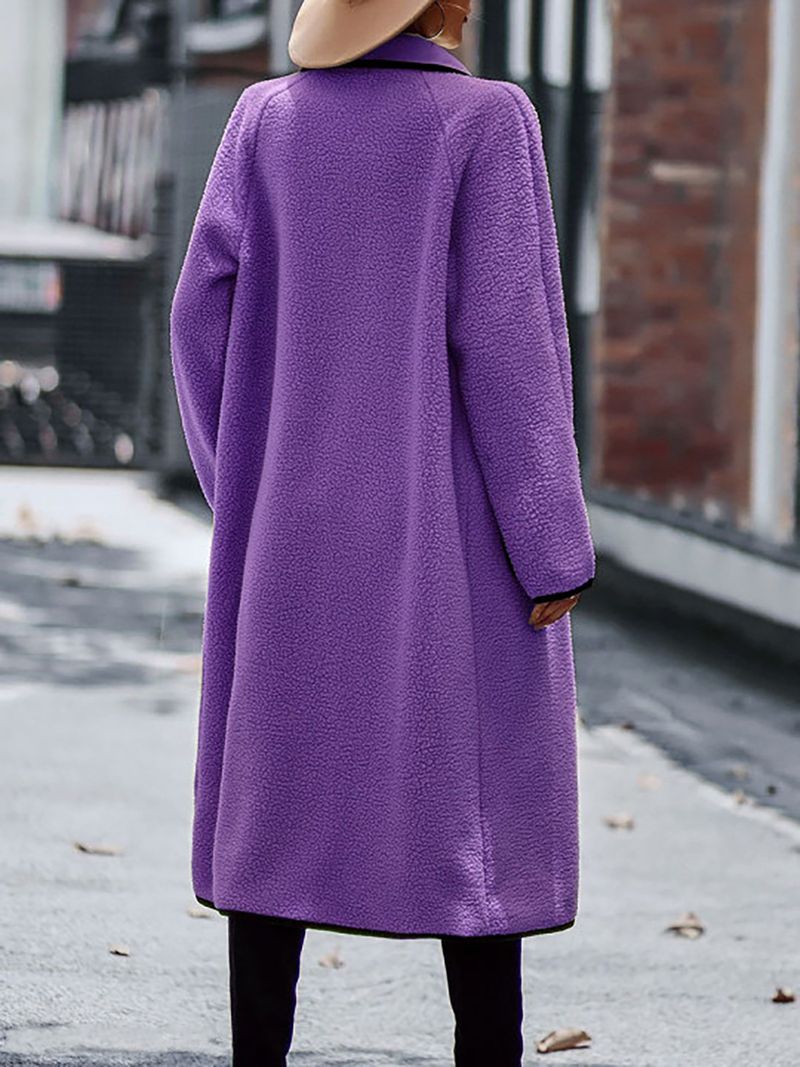 Cappotto lungo da donna con risvolto, in lana d'agnello tinta unita, a contrasto, con tasche_voghion.com