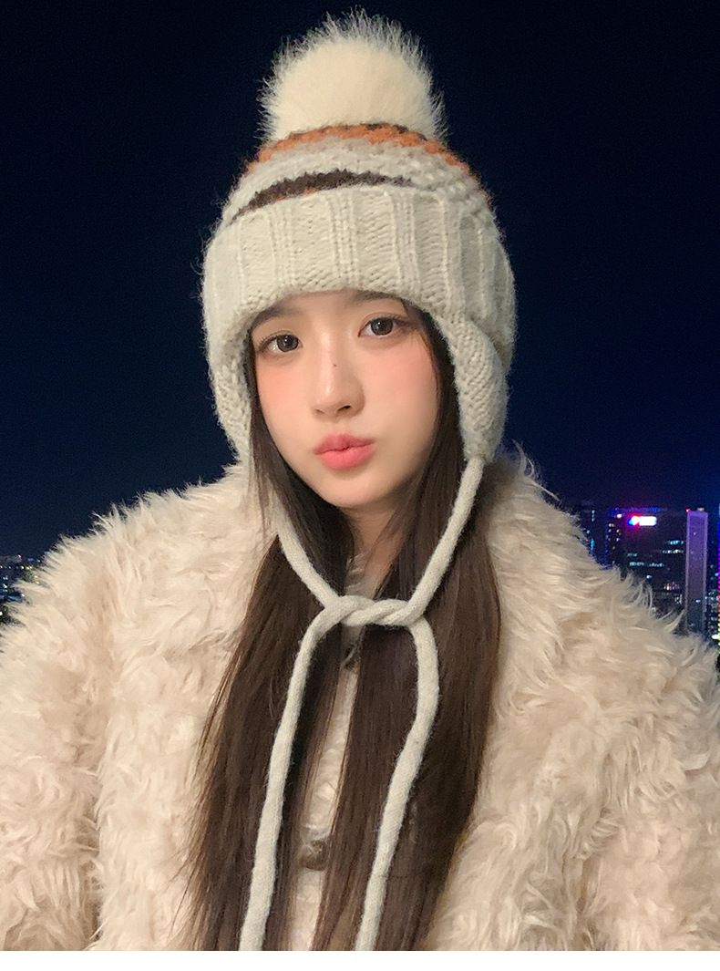 Vielseitiger, gestrickter Wollstoff im koreanischen Stil für Damen, Herbst und Winter, dicker, winddichter Ohrenschutz mit Riemen, süß_voghion.com