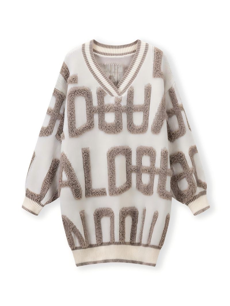 Cardigan ricamato da donna – Maglia oversize con scollo a V e motivo a lettere per autunno e inverno_voghion.com