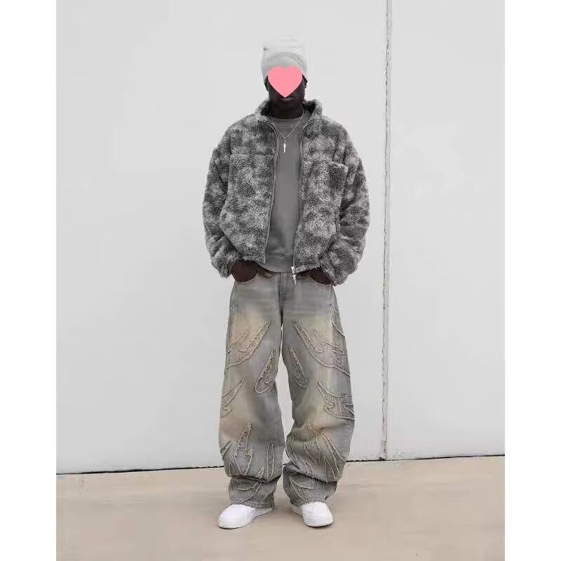 Relaxed Fit Jeans mit Vintage-Fledermaus-Stickerei für Herren – Retro-Streetwear-Jeans mit lockerem Komfort und Hip-Hop-Stil_voghion.com