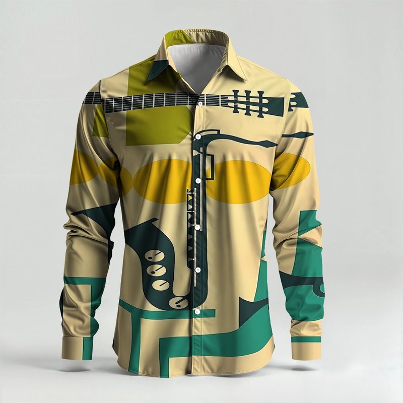 2025 Spring Summer Men Shirt Set Geometry Print Fashion Abstract Two Piece Set Mens Cat Lightweight Party Long Sleeves Suit Casu_voghion.com