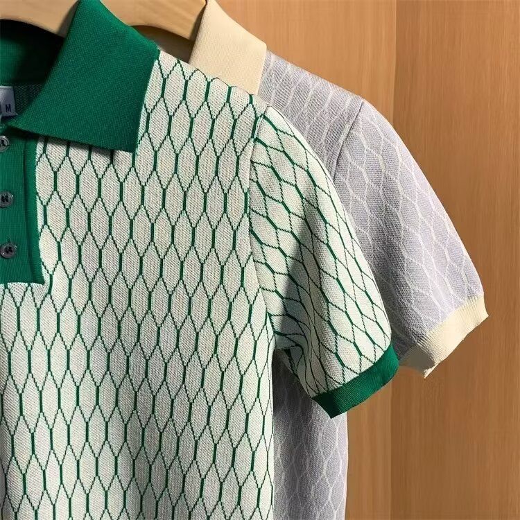 Herrenbekleidung Dünnes Eisseide Herren High-End-Gittermuster Kontrastfarbe Kurzarm-T-Shirt_voghion.com