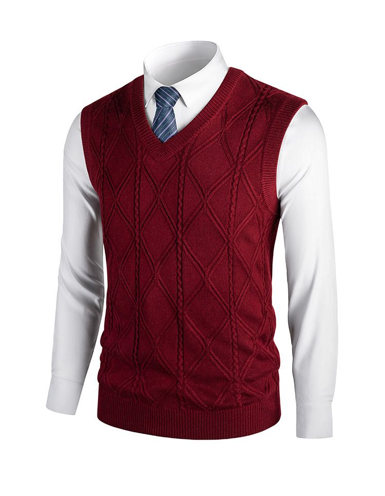 Ärmellose Herren-Pulloverweste aus Wollmischung mit V-Ausschnitt – einfarbige und karierte Muster, schmale Passform, warmer Strickpullover für die Freizeit und das Büro_voghion.com