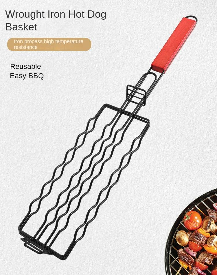 Pinzas para barbacoa de salchichas de acero al carbono para acampar al aire libre - Cesta antiadherente para parrilla de salchichas para cocinar y asar a la parrilla fácilmente_voghion.com
