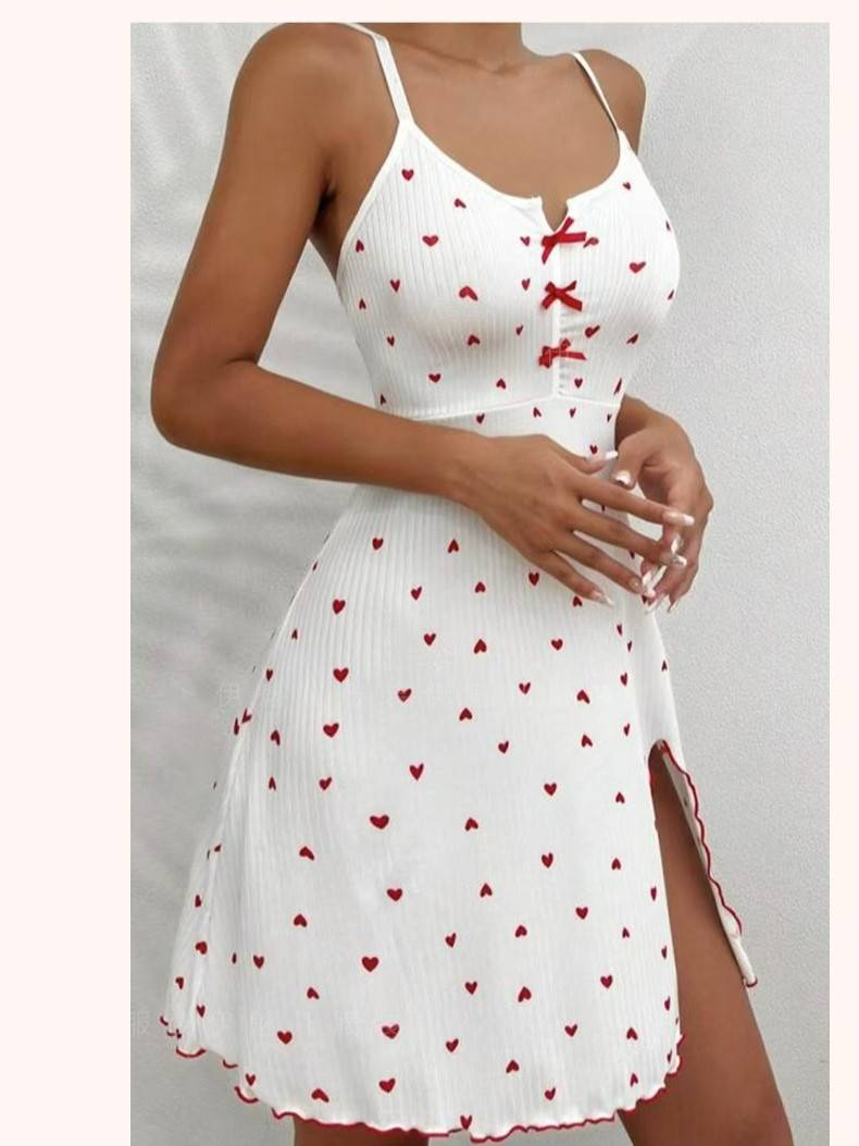 Sovkläder för kvinnor Hjärtformat tryck Hot Girl Kontrastfärg Hem Nattlinne Slit Hängsel Pyjamas Butterfly ·_voghion.com