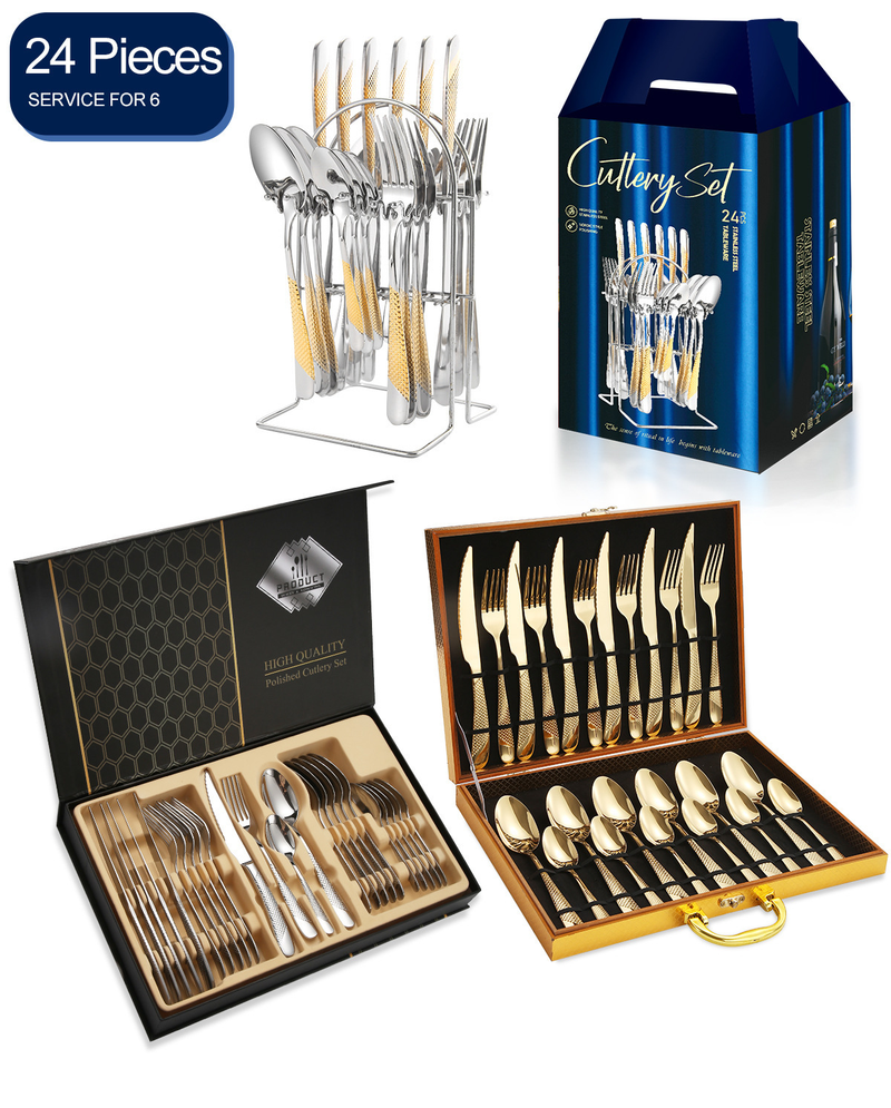 Posate in acciaio inossidabile Star Diamond, set da 24 pezzi, coltello da bistecca, forchetta e cucchiaio, confezione regalo per hotel, gancio in scatola di legno_voghion.com