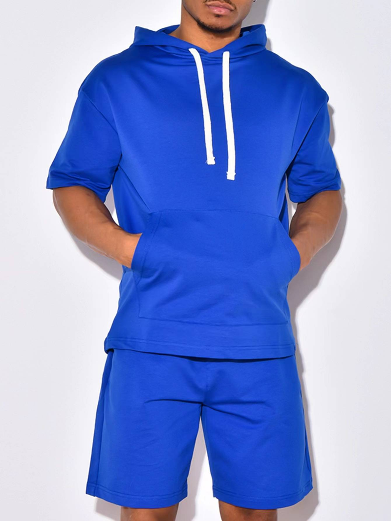 Nuovo prodotto 2025, abbigliamento sportivo casual da uomo europeo e americano, a maniche corte e pantaloncini, con cappuccio, tinta unita, due pezzi_voghion.com