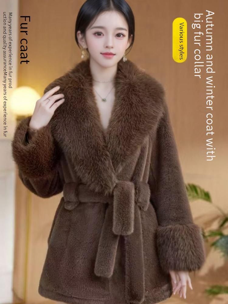 Elegant Faux Fur Coat With Belt & Oversized Collar - Winter Warm Plush Outerwear For Women In White, Black, Khaki, Brown, Leopard Print_voghion.com