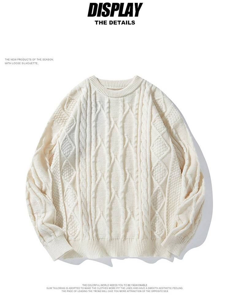 Men's Cable Knit Sweater - Oversized Casual Pullover With Ribbed Hem For Autumn/Winter (Black/Cream, M-Xxl)_voghion.com