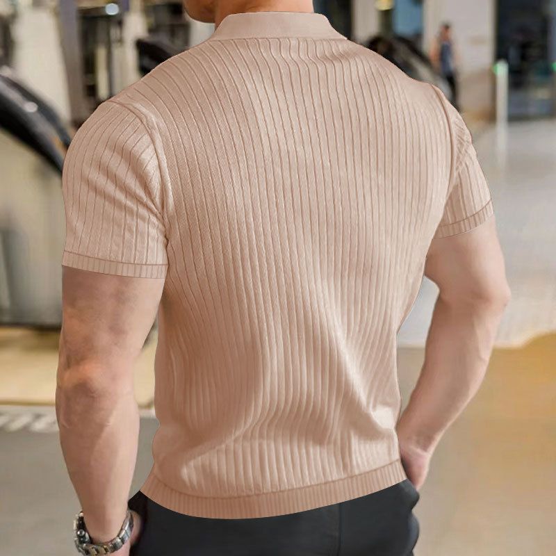 24 men's solid color short sleeved summer casual vertical stripe polo versatile temperament buckle T-shirt_voghion.com