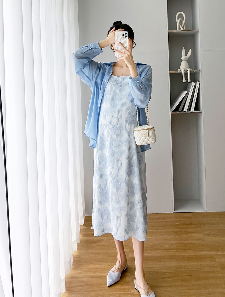 Completo da donna incinta, abito in chiffon con gonna e bretelle, camicia in tencel, abbigliamento con protezione solare, set due pezzi primaverile_voghion.com