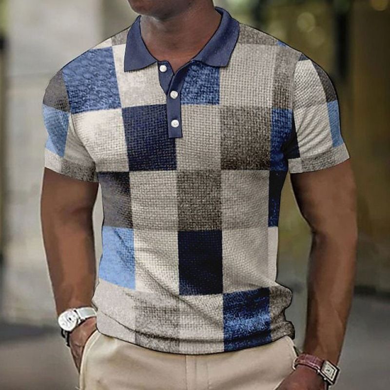 Men's Button-down Polo Shirt Plaid Pattern Turn-down Collar Trendy 3D Digital Print Short Sleeve Loose Casual Simple_voghion.com