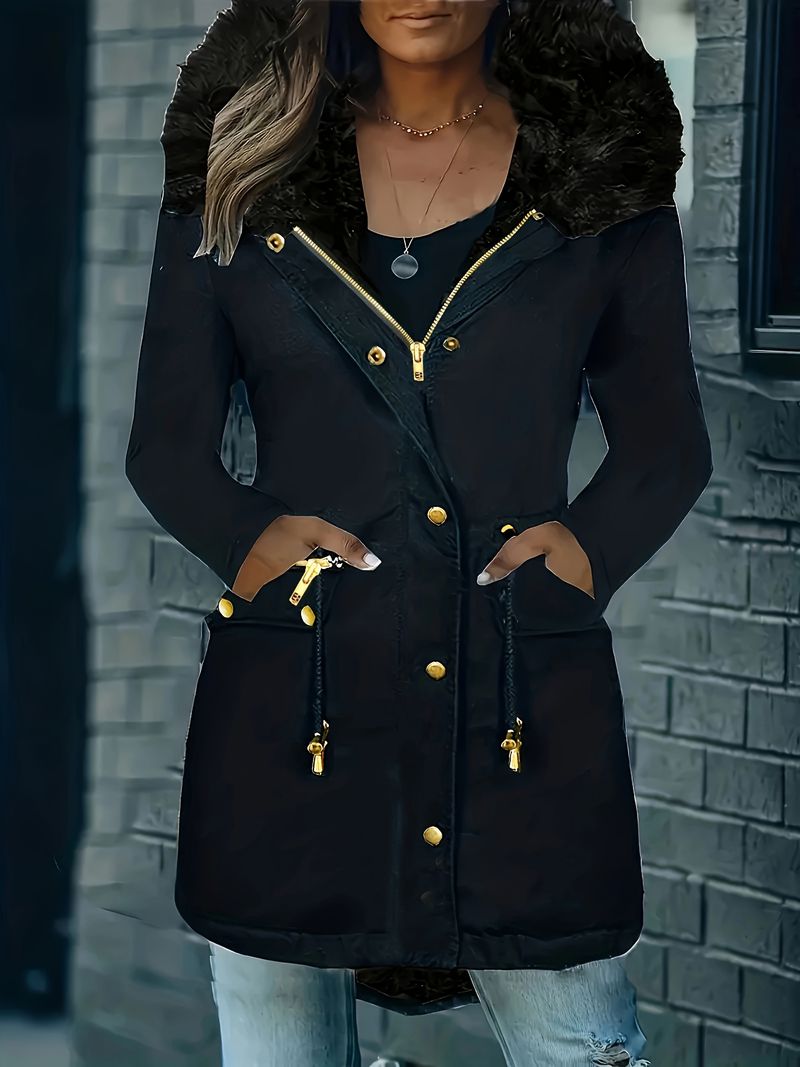 Zip-up Button Front Parka Thermal Long Sleeve Fur Trim Hooded Drawstring Winter Coat, Women's Clothing_voghion.com