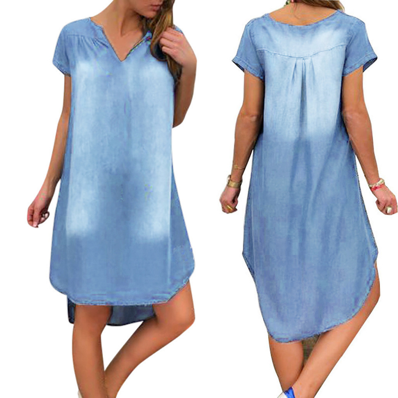 Lässiges, einfarbiges, kurzärmeliges Jeanskleid mit V-Ausschnitt für Damen_voghion.com