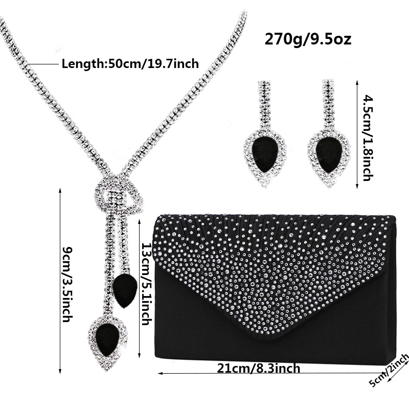 set di gioielli da sposa, orecchini con nappe, collana pendente, borsa da sera in raso con diamanti da donna, set di tre pezzi per borse da festa da donna_voghion.com