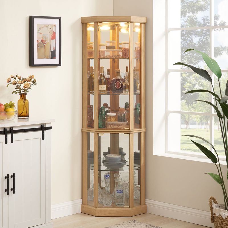 Corner Lighted Curio Cabinet Corner Glass Cabinet Lighted Curio Cabinet Corner Display Case For Living Room, Curio Cabinet, Antique Collection, Wine,Bar Glass Storage Light Included,Dark Cherry_voghion.com