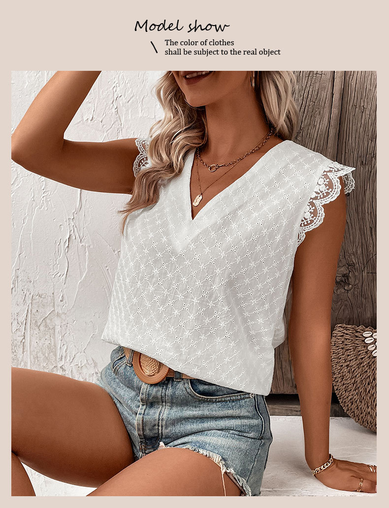 Camicia bianca senza maniche con scollo a V e volant_voghion.com