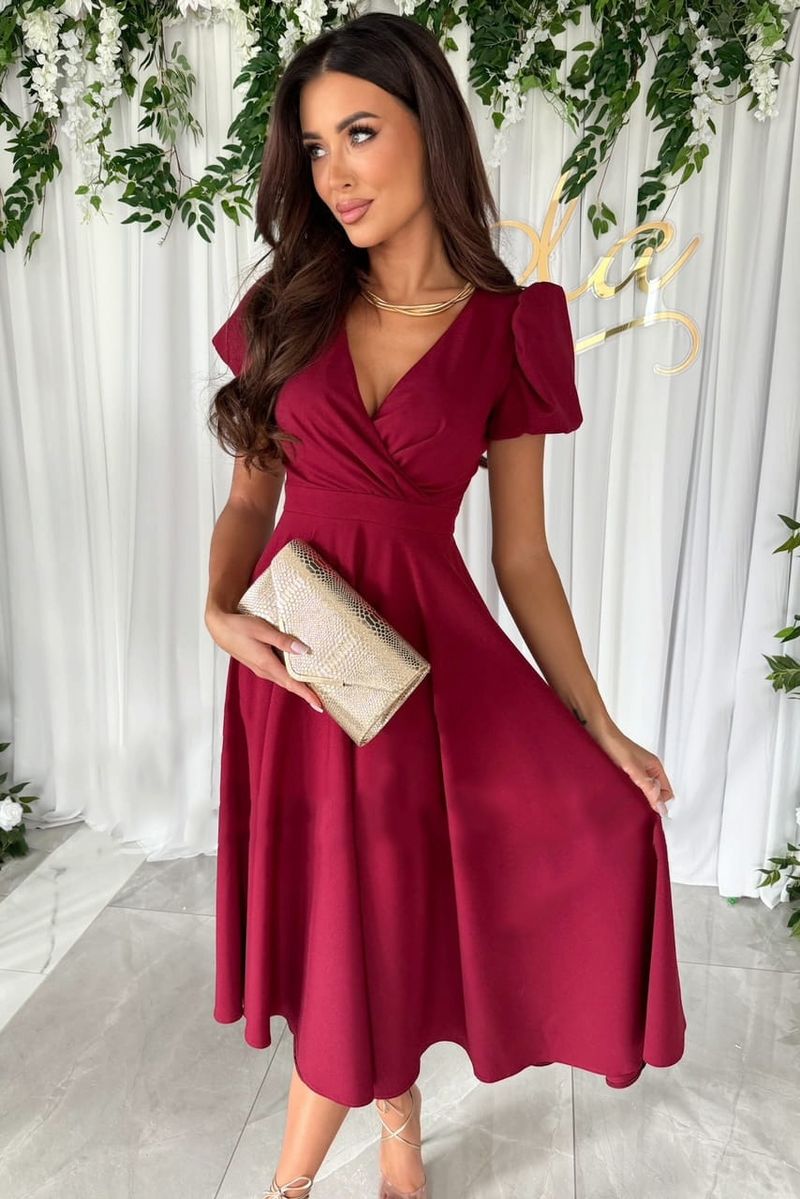 Rochie de damă nouă pentru navetiști, culoare solidă, cu decolteu în V, talie înaltă, mâneci bufante, lungă și scurtă, model leagăn_voghion.com