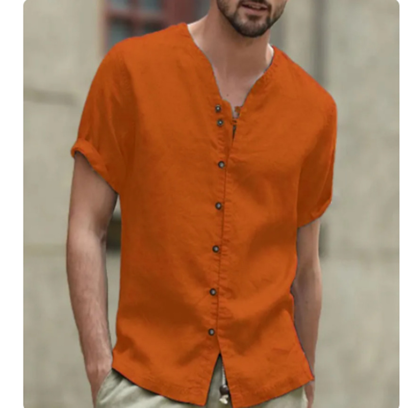 Camicia da uomo retrò in lino a maniche corte - Camicia casual traspirante dalla vestibilità ampia per la primavera estate (beige/kaki/blu)_voghion.com