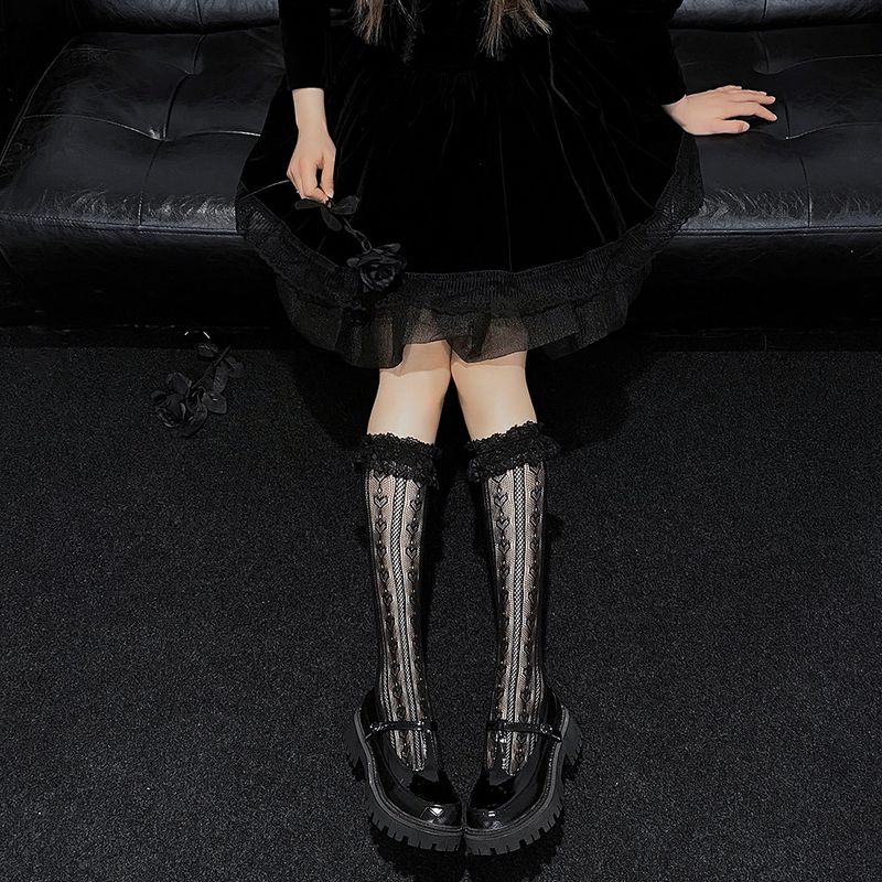 Lolita Lolita Herz Blume Netzstrümpfe Retro Herz Jacquard Strümpfe Wadenlange Socken für Frauen Großhandel vom Hersteller_voghion.com