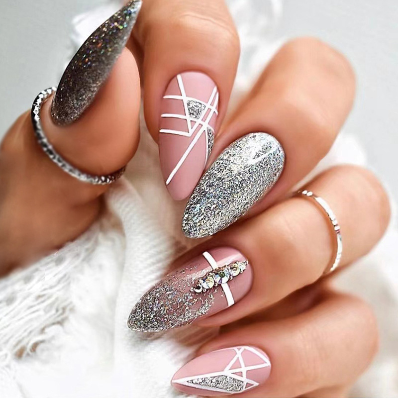 24 unghie finte alla mandorla con strass glitter design linee geometriche stampa sulle unghie unghie finte a spillo staccabili_voghion.com