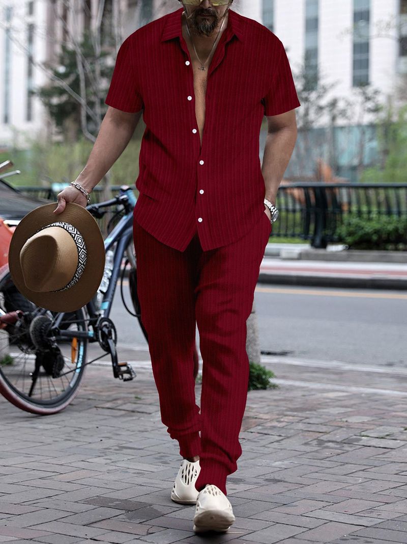 Zweiteiliges Sommer-Set für Herren, dünn, lässig, Revers, einfarbig, Micro-Stretch-Hemd + locker gestreifte Kurzarmhose, Strandanzug_voghion.com