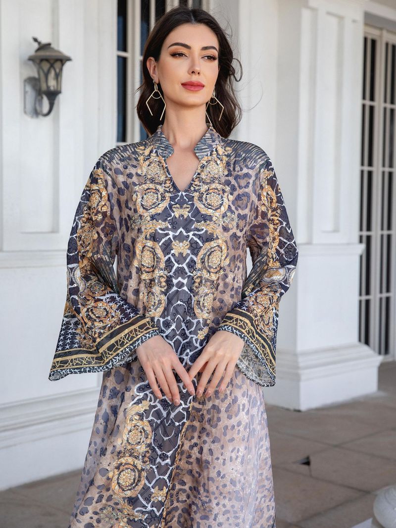 241114 Moslemische Kleidung Robe Bestickter Stoffdruck Strass Langes Kleid Abayas für Damen_voghion.com
