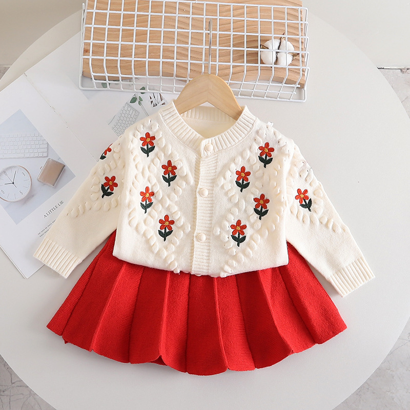 Mädchen pullover kleid, herbst winter neue stil, ein zweig blume bestickt stricken zwei-stück set, baby mädchen mit rückseite_voghion.com