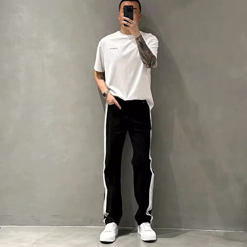 Erkek İnce Tüm Maç Geniş Bacak Pantolon Erkek Çizgili Dikiş Düz Rahat Pantolon Moda Gevşek Beyaz Kot_voghion.com
