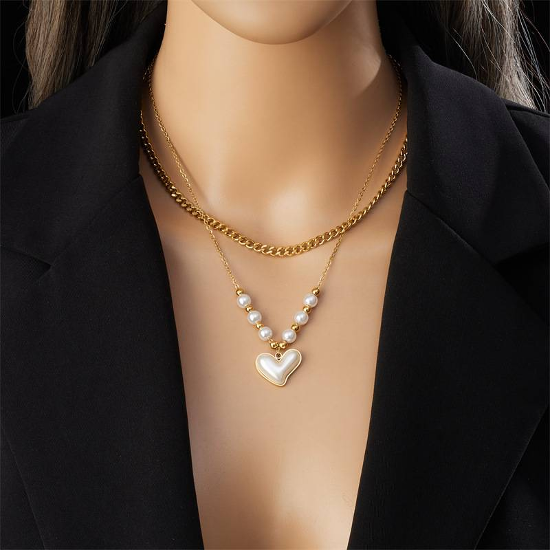 Stilvolle retro eingelegte Perle Liebe Kreuz Augen türkis Anhänger Doppel Edelstahl Halskette_voghion.com