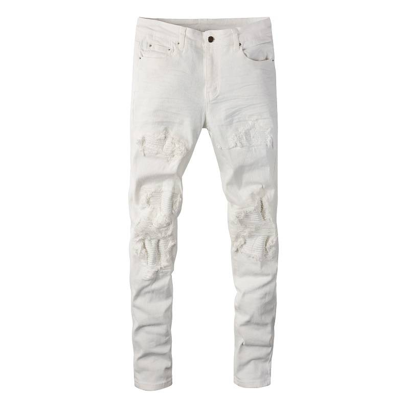 Männlichen jogger workout mode patchwork zerrissene schlanke hosen denim knie loch zerrissene männer weiße jeans für männer_voghion.com