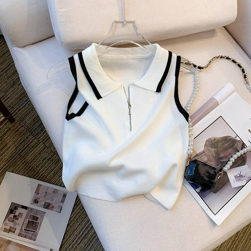 Damenbekleidung Echter Schuss des neuen Sommerdesigns Nischenkontrastfarbe Reißverschlussweste Hosenträger Strickoberteile für Frauen_voghion.com