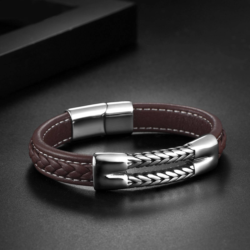 Geflochtenes Lederarmband für Herren mit Punk-Akzenten aus Edelstahl – minimalistisches U-förmiges Design für Freizeit- und Businesskleidung – Größenverstellbar_voghion.com