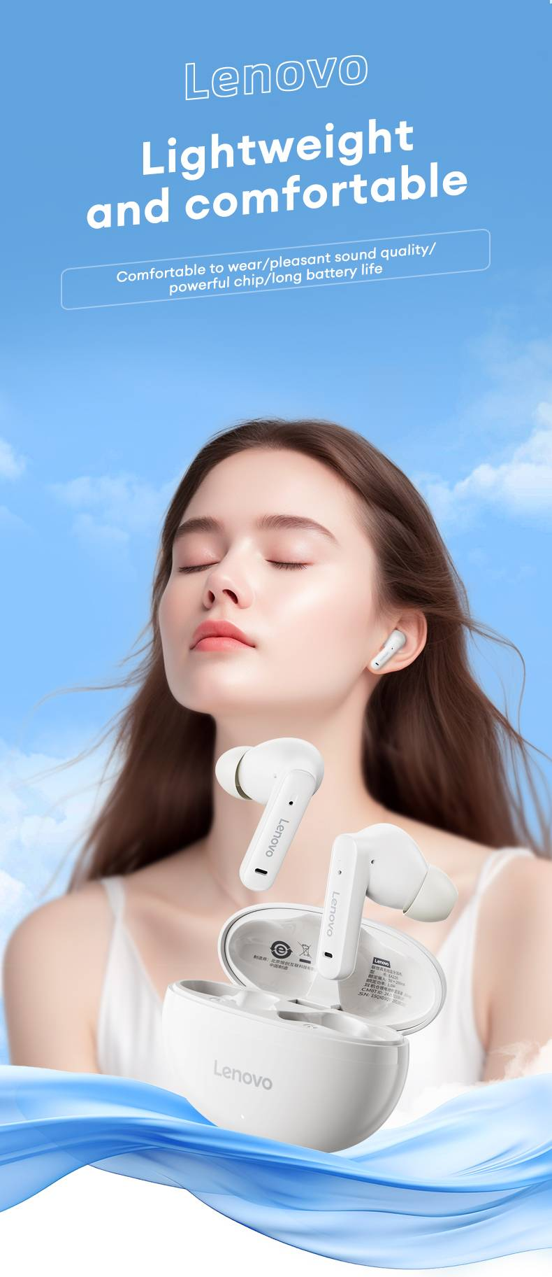 Auricolari Bluetooth wireless originali Lenovo EA210, cuffie sportive HiFi comode, cuffie stereo con riduzione del rumore, lunga durata in standby_voghion.com