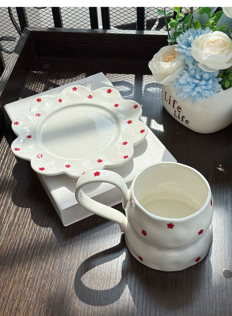 American Pastoral Style, Niche Design, Hand Pinched Irregular Ceramic Coffee Cups And Plates, Small Floral Cups And Plates_voghion.com