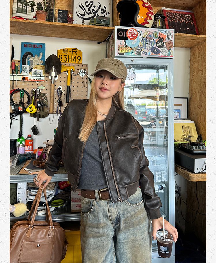 Veste de moto courte en cuir américain vintage fabriquée à la main pour femme, nouveau manteau Melad à manches longues, haut polyvalent_voghion.com