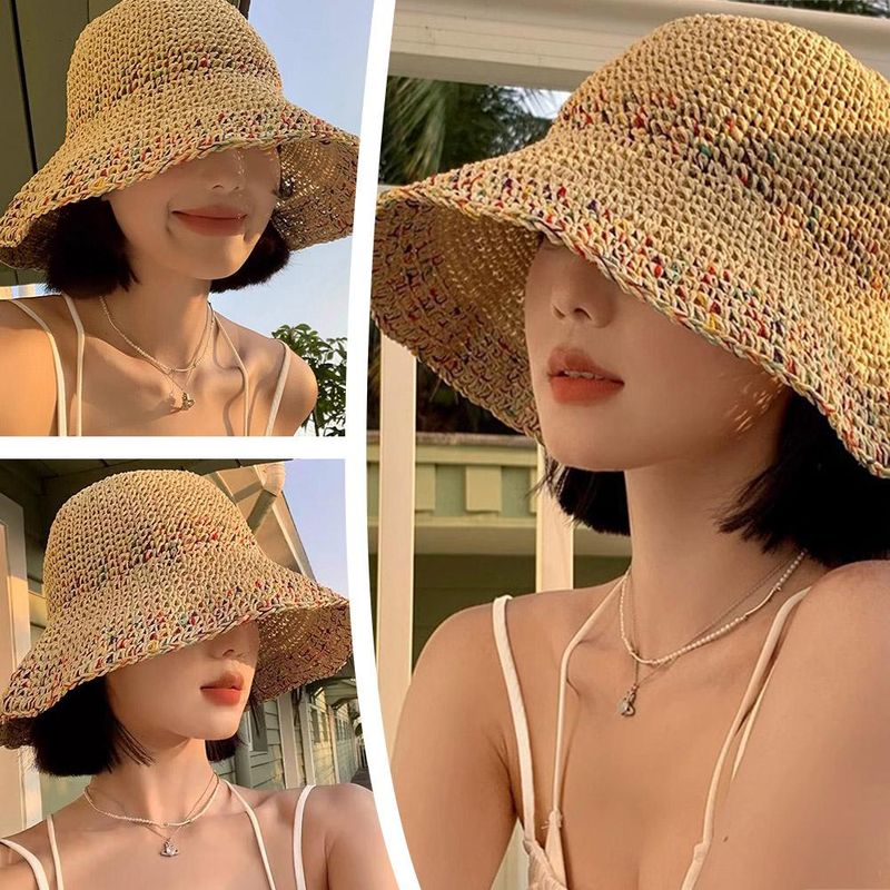 Hot Sale Summer Straw Sun Hats for Women Showing Face Small Bucket Hat Large Brim Sunshade and Sunscreen Seaside Beach Cap Y4A5_voghion.com