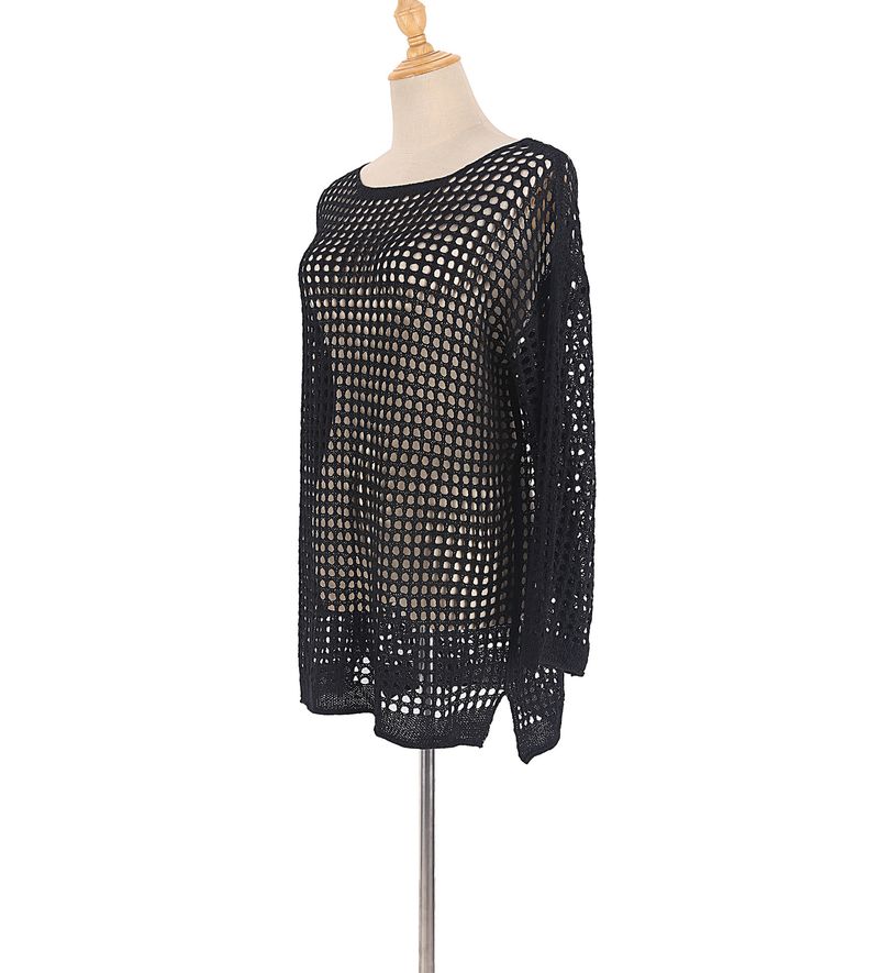 Women's knitted openwork mesh top beach holiday bikini women's beach skirt sunscreen shirt_voghion.com