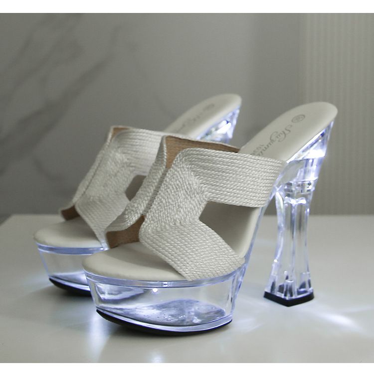 Ciabatte estive da donna con tacco spesso, trasparenti e in cristallo, alte 14 cm, antiscivolo, con fondo spesso, sexy e luminose._voghion.com