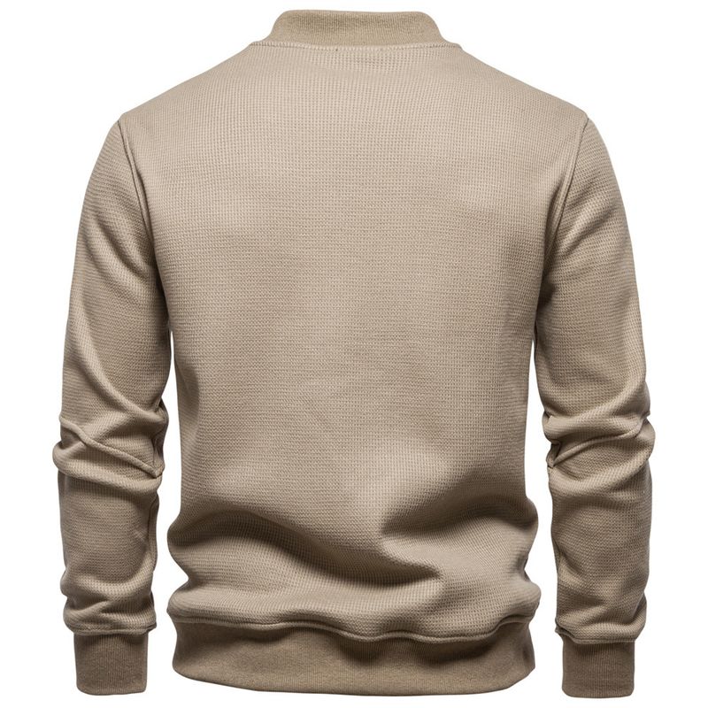 Herren-Sweatshirt mit Fleecefutter und Baseballkragen aus Waffelstrick – weicher und warmer Pullover für die Freizeit (Weiß, Marineblau, Schwarz, Khaki, Jeansblau)_voghion.com