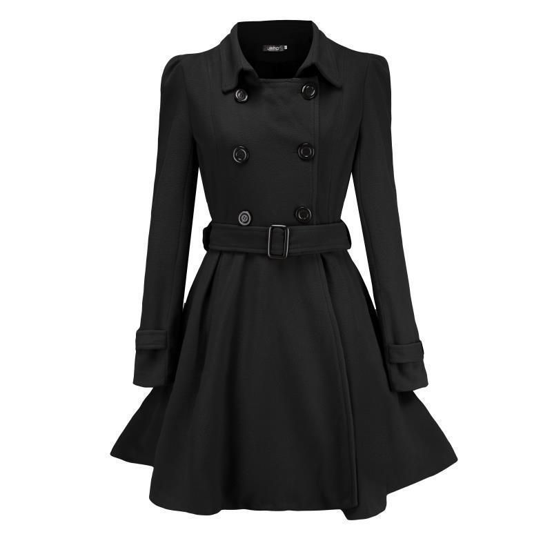 Elegant Women's Wool Blend Trench Coat With Belt & Peplum Hem - Slim Fit Long Coat For Autumn/Winter_voghion.com