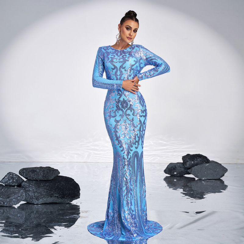 Damenbekleidung High-End Langarm Temperament Rundhalsausschnitt Sexy Lange Pailletten Bankett Abendkleid Brautjungfernkleid_voghion.com