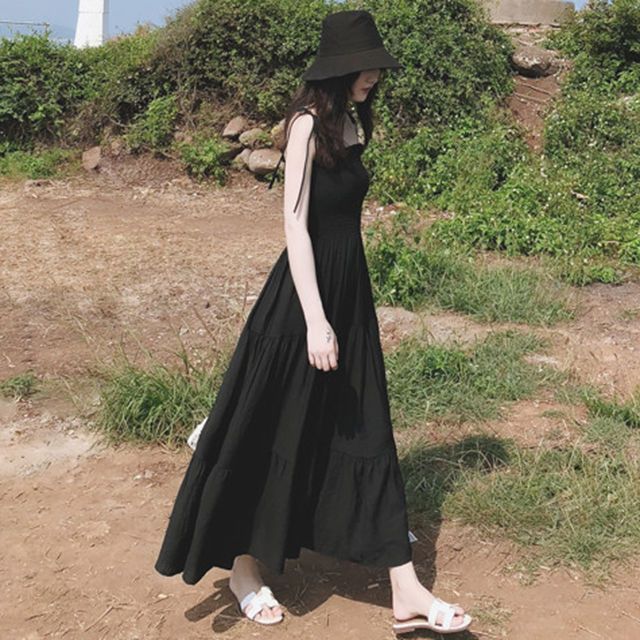 Vestito lungo svasato da donna in stile coreano, con spalline sottili e spalle scoperte, estivo 2024, per le vacanze in spiaggia_voghion.com