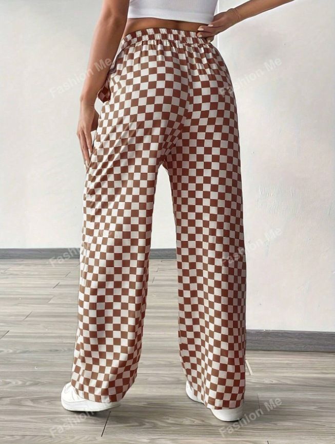 Damenbekleidung Damen Plaid Print Gerade Weite Beinhose Neuer Stil_voghion.com