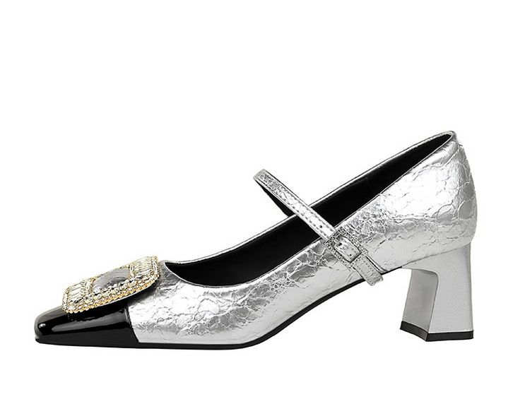 5298-K32 Scarpe da banchetto da donna con tacco medio grosso, punta quadrata, cinturino con fibbia in metallo con diamanti e bocca leggera, con blocchi di colore_voghion.com