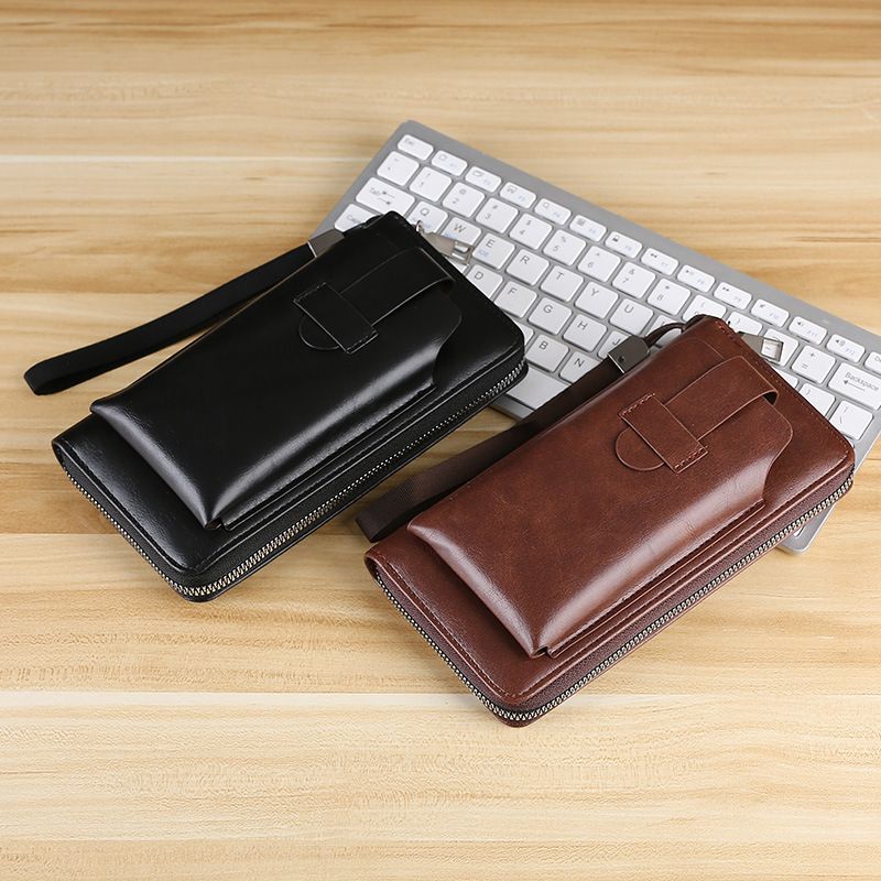 PU Men's Phone Bag With Chain And Stitched Design_voghion.com