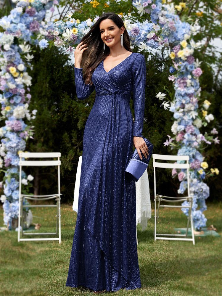 Abito da sera a sirena con scollo a V e maniche lunghe da donna_voghion.com